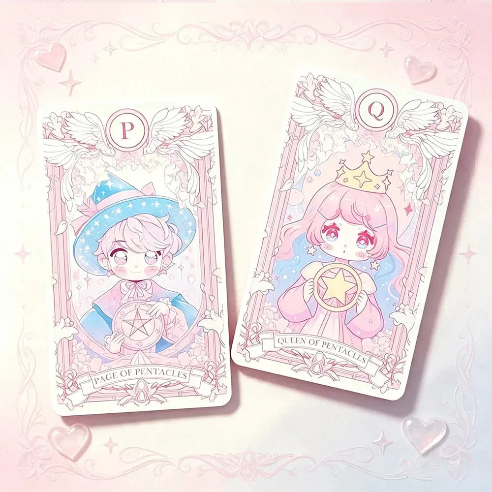 Kawaii Pink Large‑sized 78PCS Tarot Deck with Guidebook - Cute Anime Illustration for Fate Divination Future Telling Table Game