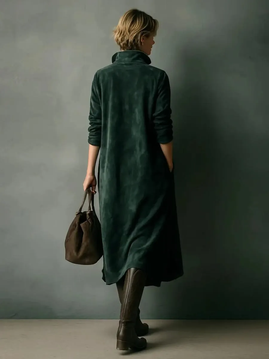 Suede New Dress Pocket Loose Long Casual Dress Solid Color Midi Relaxed Fit Dresses Female Clothing Autumn Winter Dresses