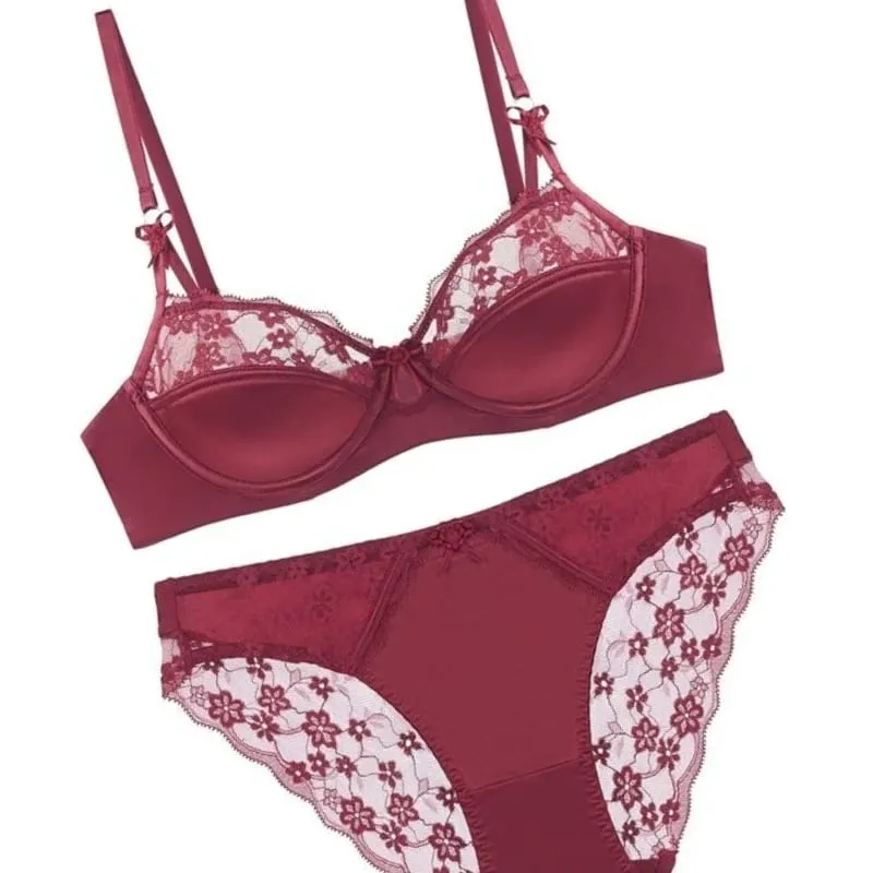 Women Thin French Half Cup Lace Bra Set Minimizer for Big Bust Push Up Anti-Sagging Side Support Comfort Sexy Daily Lingerie Set