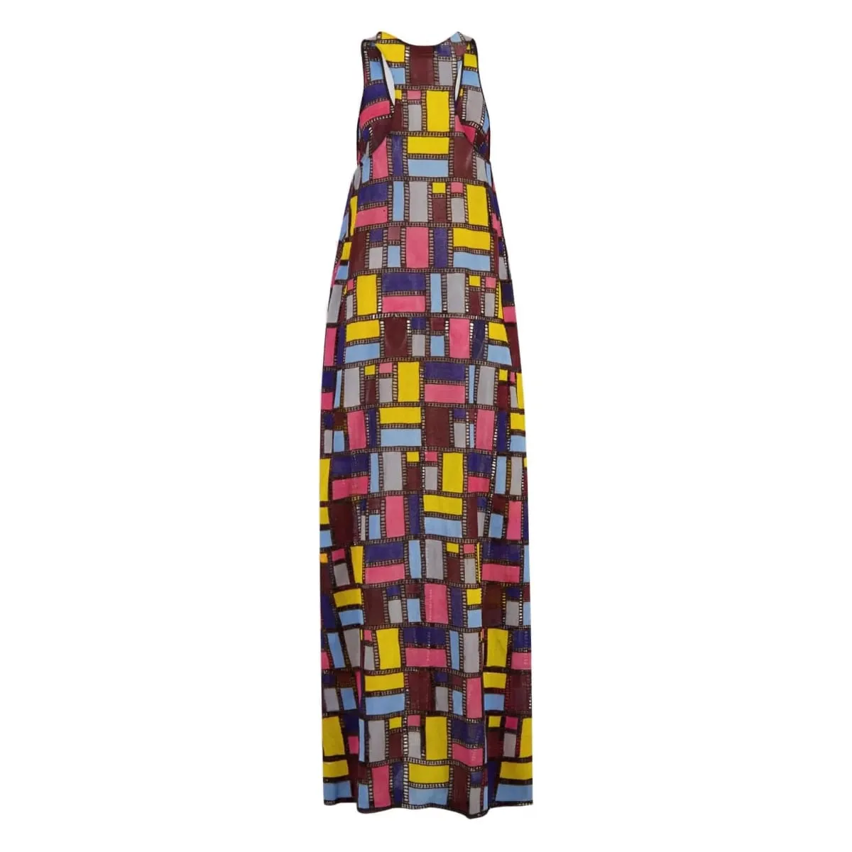 Colored Squares Sleeveless Long Dresses Women Fashion Sexy U-neck Pocket Loose Maxi Dress Summer Lady Vacation Commuting Vestido