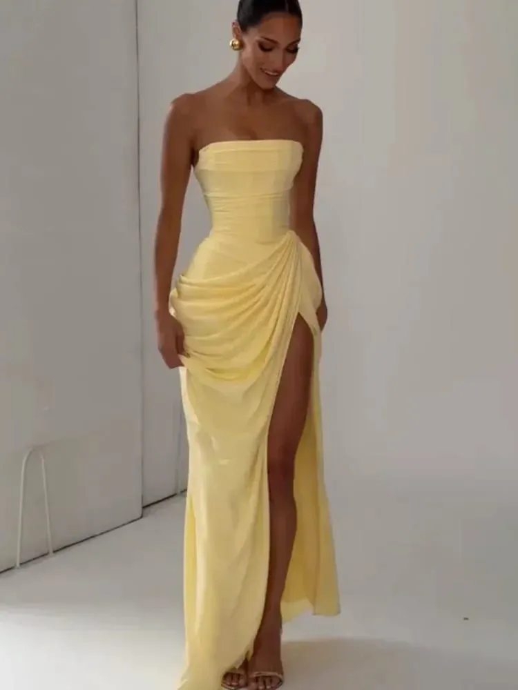Solid Sexy Pleated Strapless Dress Women Chic Off-shoulder Backless High Waist Split Maxi Dresses 2026 New Evening Party Gown — image 3