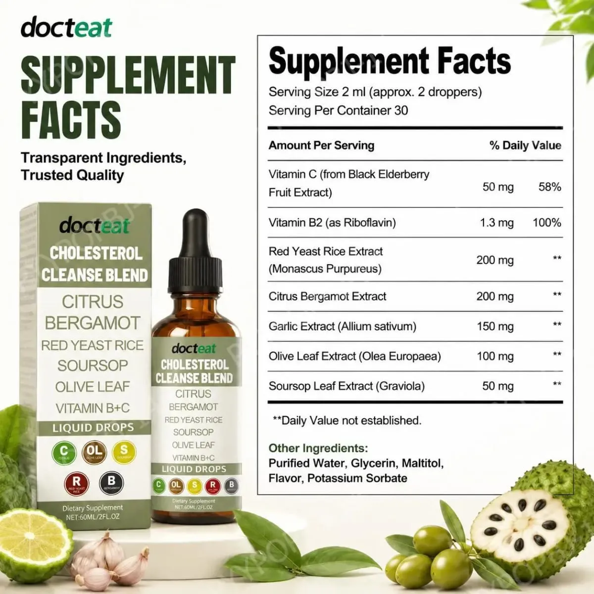 Docteat Cholesterol Cleanse Blend Liquid Drops Citrus Bergamot Supports Metabolic Balance with Vitamin C and B2 Dropper 60 ML
