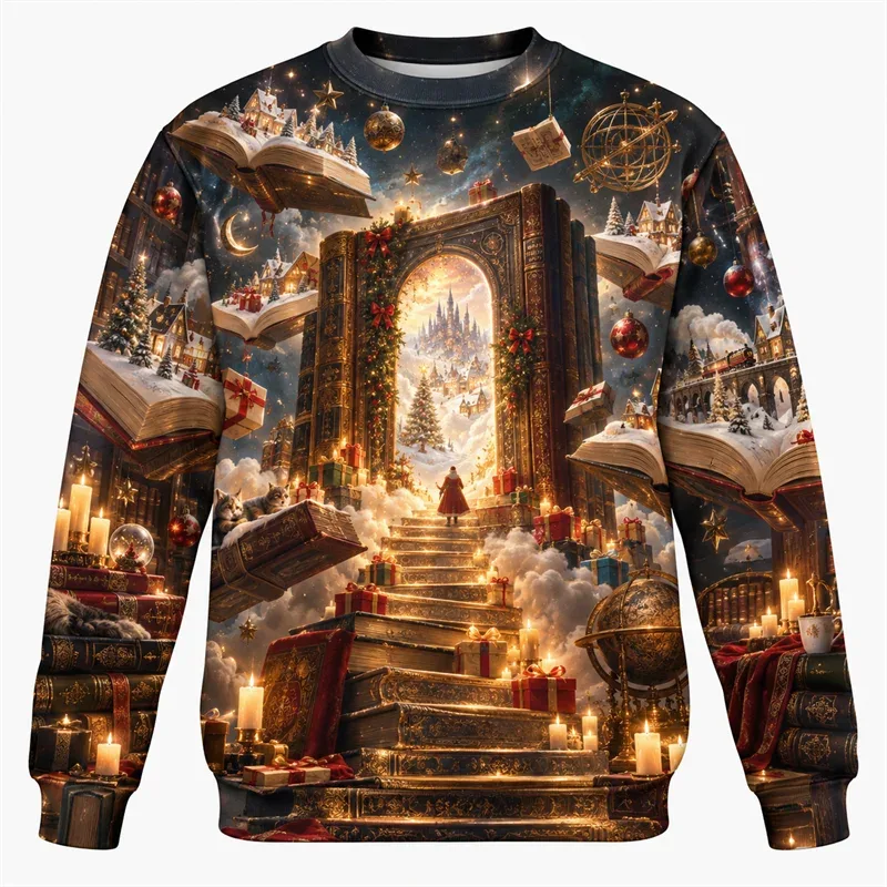 Christmas Fantasy Sweatshirt Train Castle Carousel Angel Polar Bear Crewneck Xmas Pullover Holiday Party Streetwear Gift Top