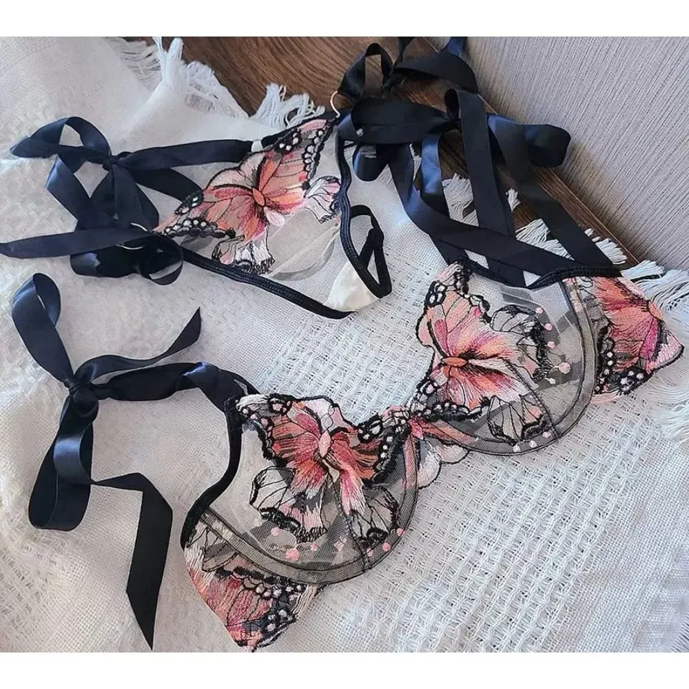 Modest Romantic Lace Butterfly Embroidery Bra Sheer Mesh Camisole Sleepwear Women Daily Wear Push Up Soft Lingerie Set 34-40