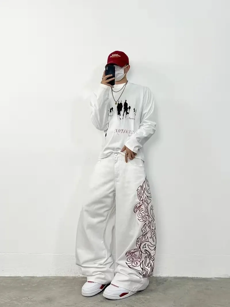 Unisex White Red Tribal Flame Print Loose Wide Leg Jeans Y2K Grunge Streetwear Oversized Denim Pants