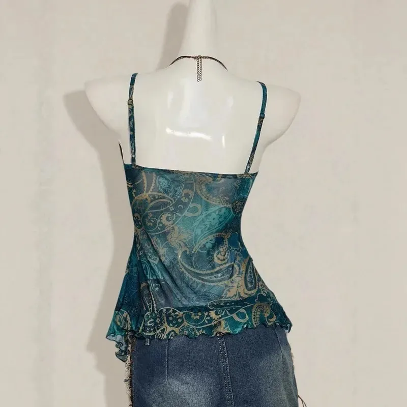 Sexy Spicy Girl V-Neck Sheer Camis Casual Slim Fit Spaghetti Strap Backless Printed Mesh Splice Crop Top Summer Fashion Tank Top