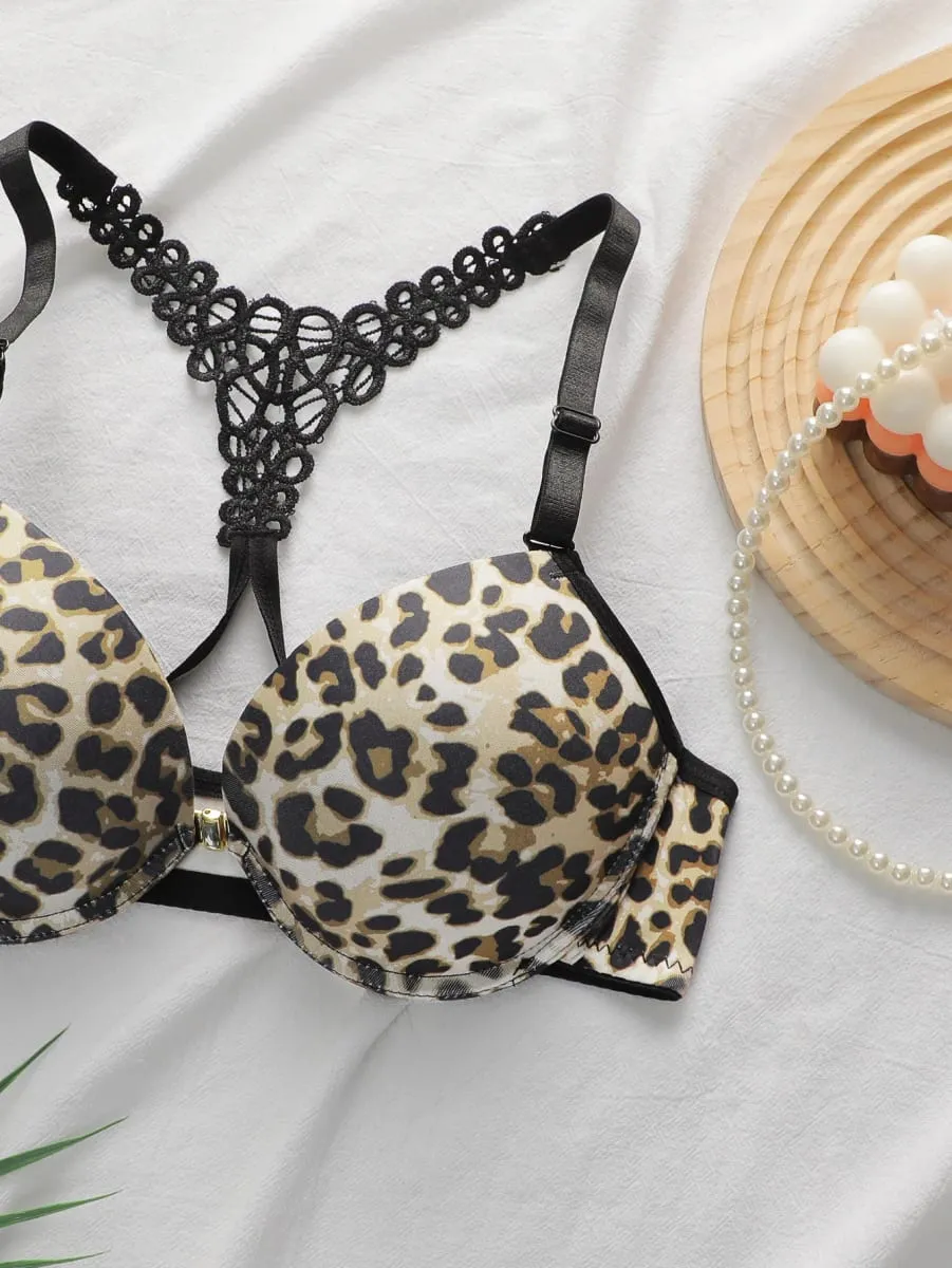 Souprava podprsenky s leopardím vzorem se zapínáním vpředu a s kosticí Push Up spodní prádlo pro ženy Sexy krajkové dvoudílné oblečení Bralette a kalhotky