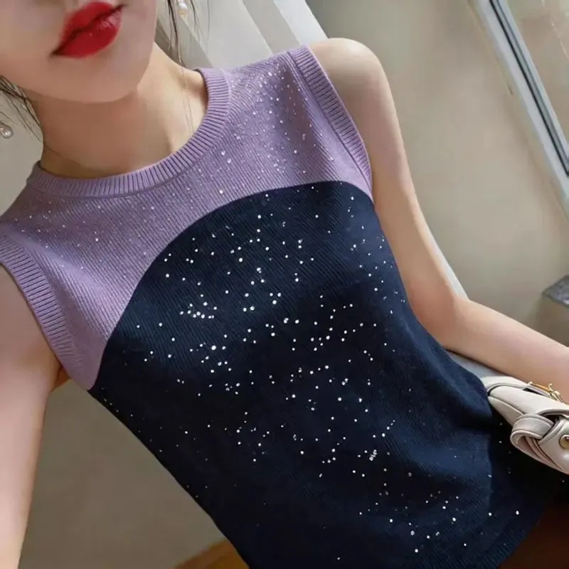 Sleeveless O-neck Contrast Patchwork Plus Size Elegant Tanks Summer Ice Silk Slim Vintage T Shirts Fashion Trend Women Clothing