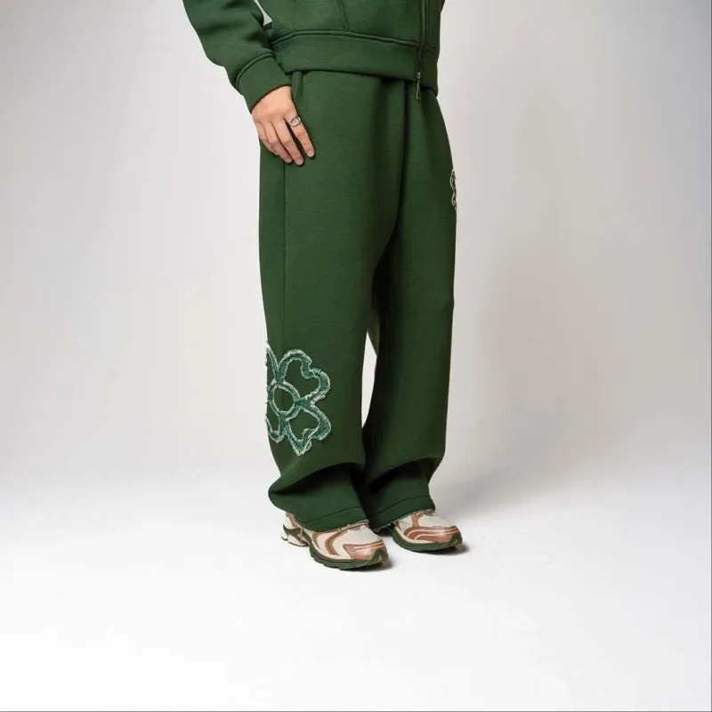 Olive Green Embroidered Zip Hoodie & Pants Set Men Streetwear Trendy Loose Casual 2-Piece Tracksuit New 2025 Fashion