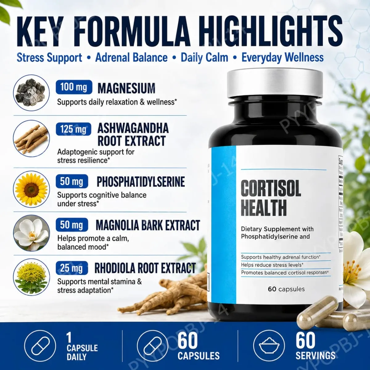 Cortisol Health Capsules with Phosphatidylserine Magnesium 60 Capsules Non-GMO Daily Calm Sleep Support for Adults Men Women