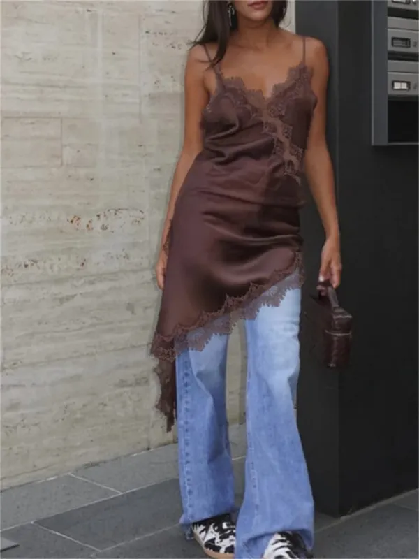 Satin Sexy Lace Spliced Short Sling Dress Women Sleeveless Backless Asymmetric Sexy Party Dresses 2025 Summer Lady Dress