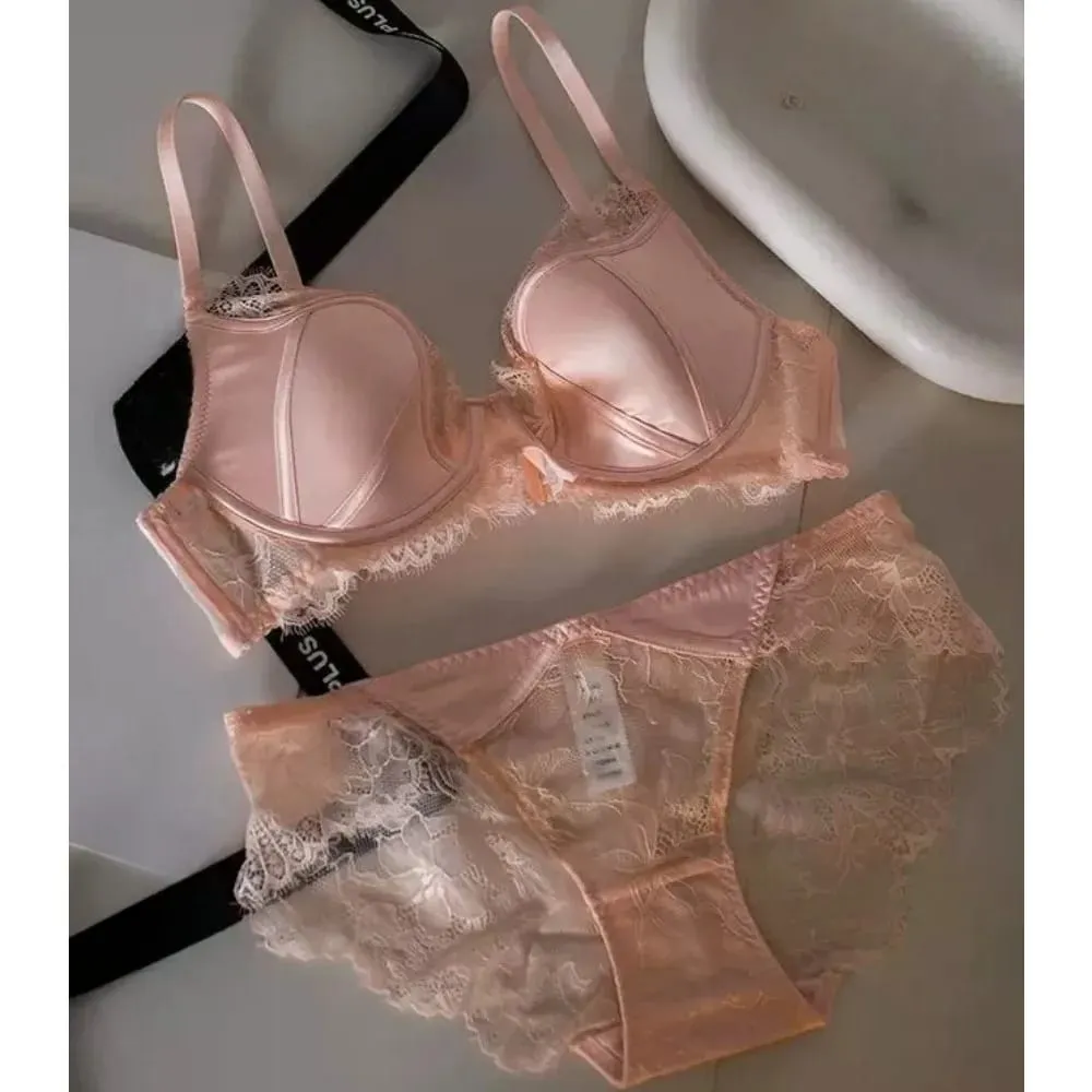 Elegant French Satin Lace Bra Sexy Push Up Minimizer Full Coverage Anti Sagging Wireless Thin Luxury Lingerie 32-38AB