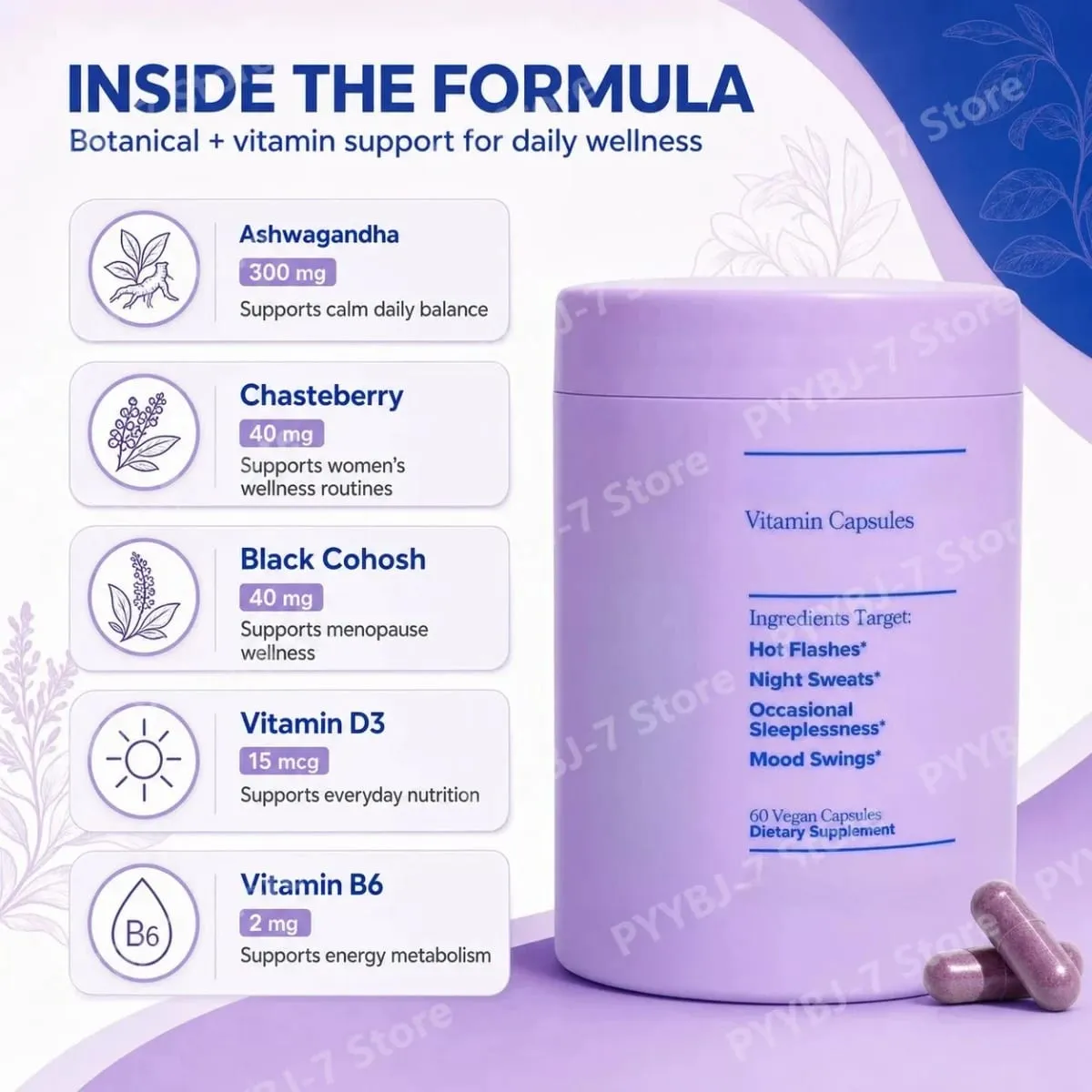 Women Complex Vitamins for Menopause with Vitamin D3 B6 Helps Relieve Night Sweats Mood Swings Health Food Supplement 60 Pieces