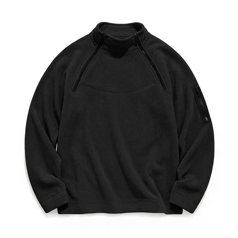 Men Fleece Stand Collar Sweatshirt Diagonal Zipper Arm Pocket Long Sleeve Loose Casual Pullover Autumn Winter Outdoor Tops — image 17