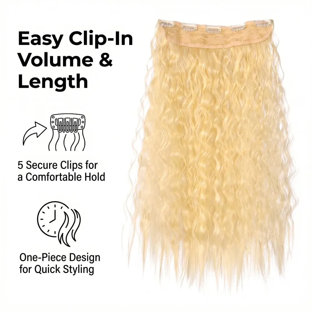 22" 1 Piece Light Blonde Corn Wave Clip In Hair Extensions Thick Full Head Synthetic Hairpiece for Women Natural Heat Resistant