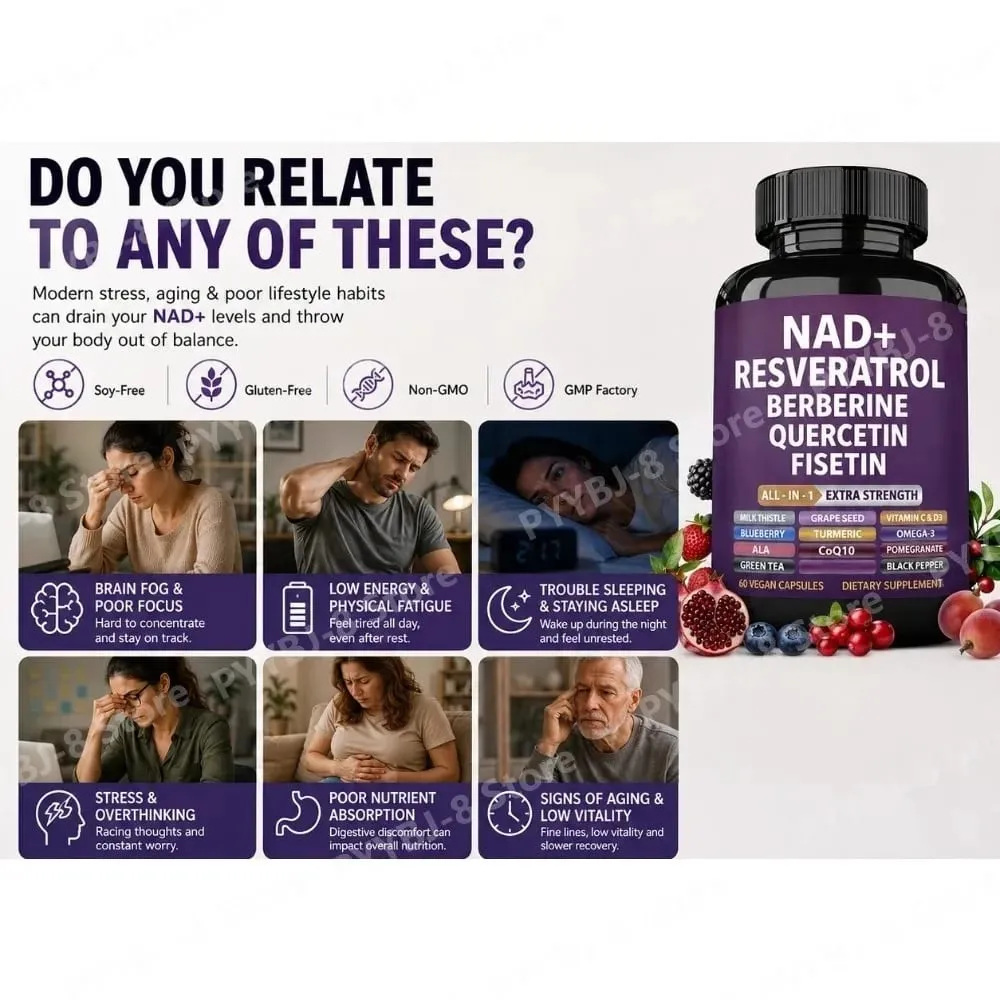 NAD+ Resveratrol Supplement with Berberine Quercetin Fisetin CoQ10 Vitamin C D3 60 Vegan Capsules for Daily Nutrition Support
