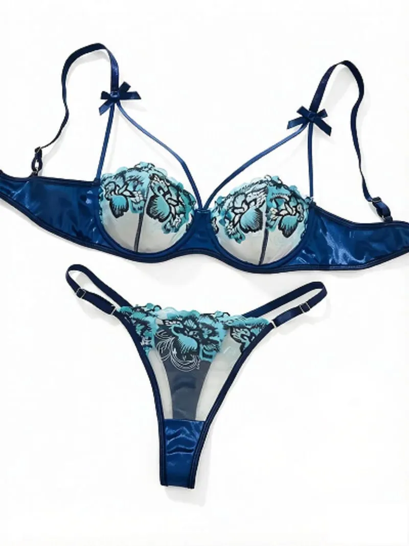 Blue Flower Lace Lingerie Set Shoulder Bow Strappy Underwire Bra Adjustable Briefs Seductive Boudoir Intimate Outfit — image 1