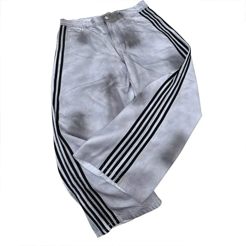 Y2K Baggy Jeans Retro Men's Gray Embroidered Striped Harajuku Sweatpants Women Hip Hop Streetwear Old Washed Wide Leg Denim Pant