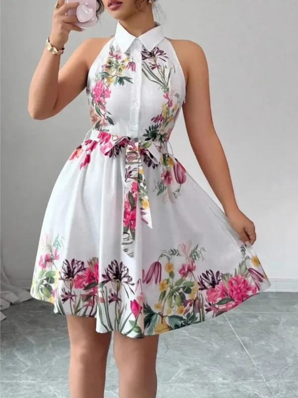 A Line Vestidos Y2k Street Wear Halter Print Floral Elegant Splice Party Night Work High Waist Short Dress Women Dresses