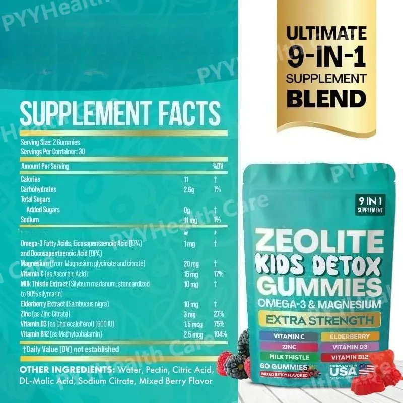 Zeolite Gummies 9-in-1 with Omega-3 Magnesium Elderberry Vitamin C Milk Thistle Vitamin D3 Zinc B12 (60 Gummies)