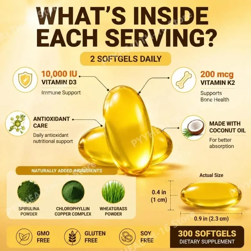 Docteat Vitamin D3 & K2 Softgels with Immune Support and Bone Health Coconut Oil GMO Free Gluten Free Soy Free 300 Softgels