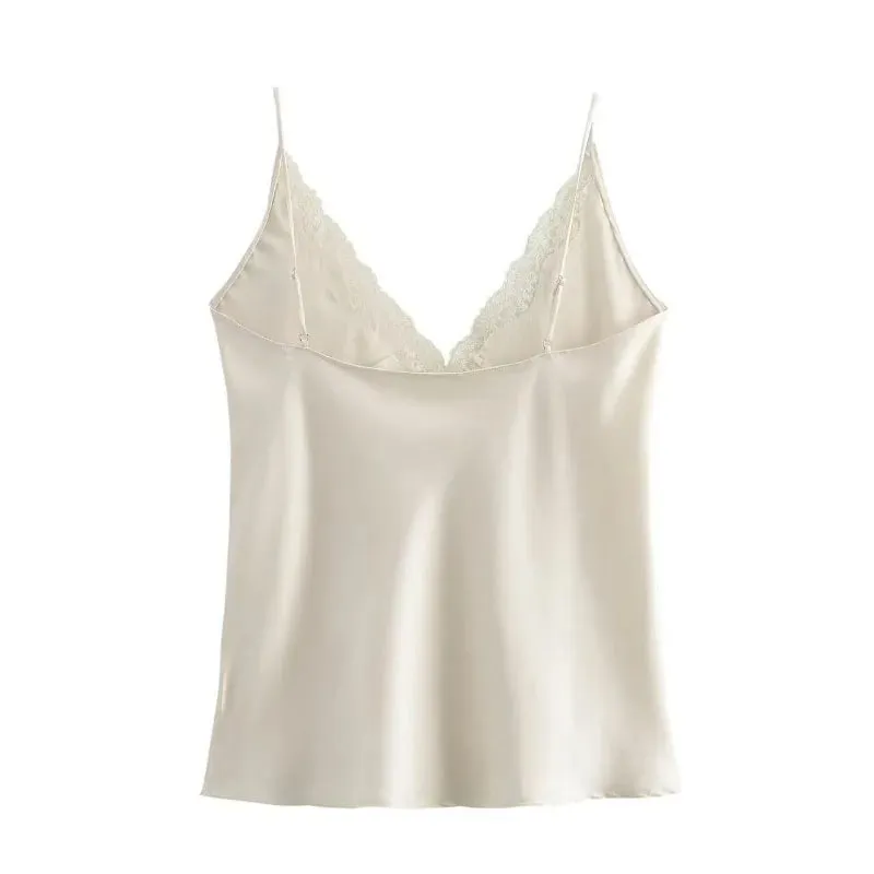 Women Lace Patchwork Tanks Tops Satin V-neck Solid Sleeveless Camisole Summer Women Spaghetti Strap Mini Tops Fashion Slim Camis
