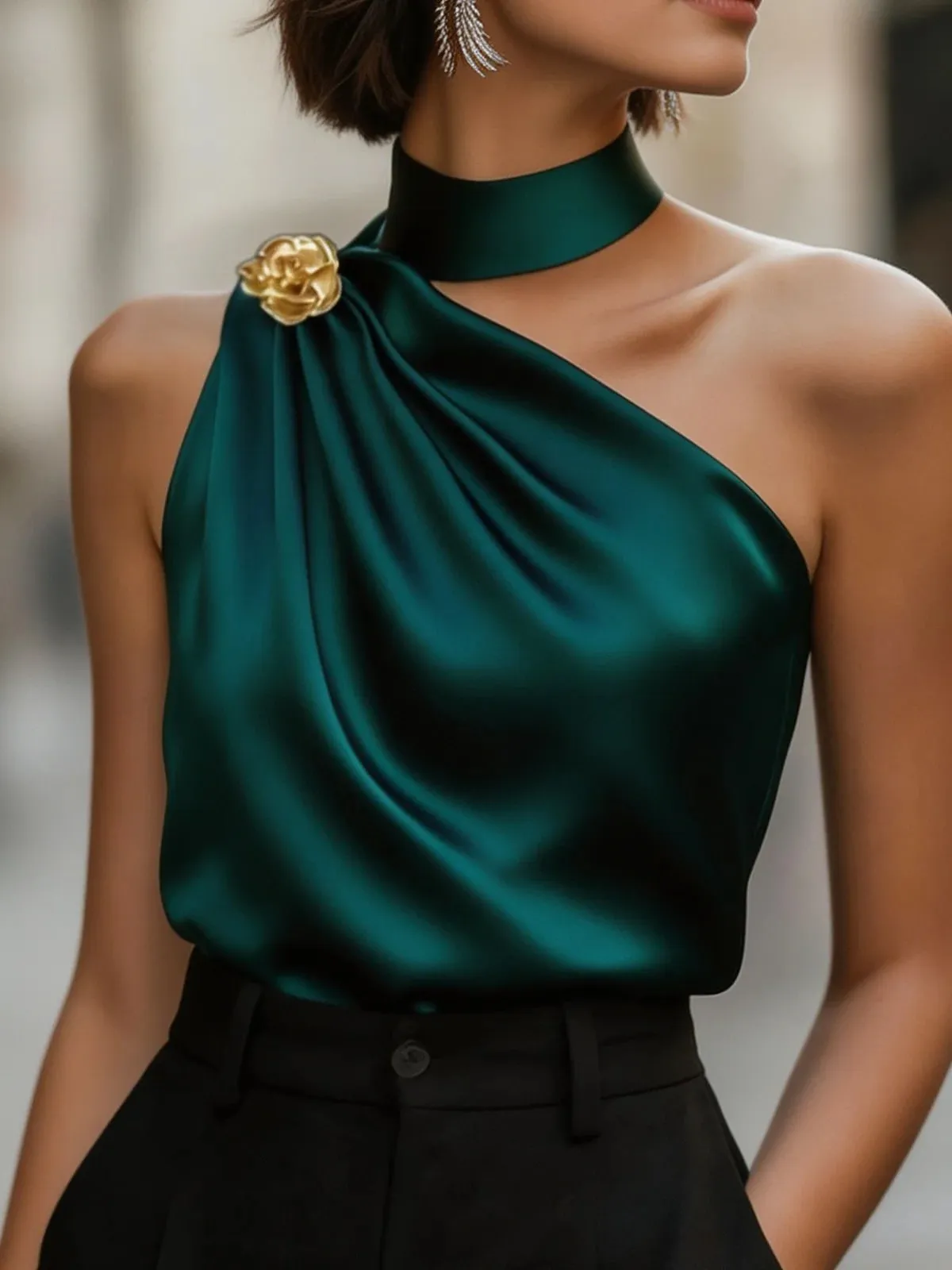 Chic Halter One Shoulder Satin Draped Dark Green Blouse Sleeveless Top For Party & Office Women