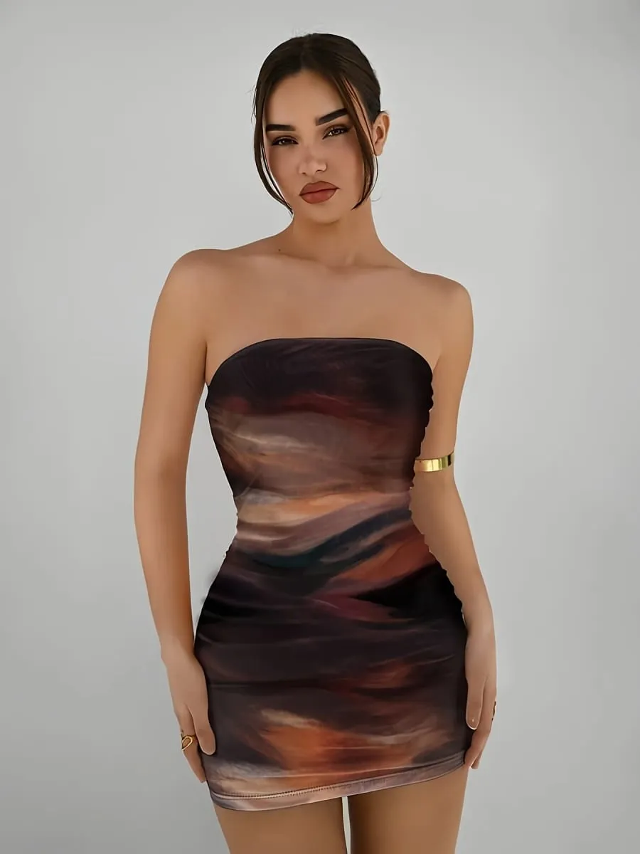Elegant Women's Knitted Gradient Print Mini Dress Spring Summer New Style Party Holiday Sexy Strapless Slim Fit Gown