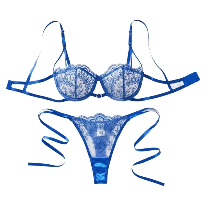 Elegant Floral Embroidery Lace Lingerie Set Lace-up Hollowed-out Thong Bra Suit Mesh Transparent Ultra-thin Underwear Sets Lady