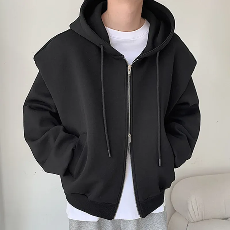 Autumn New Padded Shoulder Design Solid Streetwear Men Double Zip-up Hooded Sweatshirts Harajuku Casual Daily Hoodies — image 8