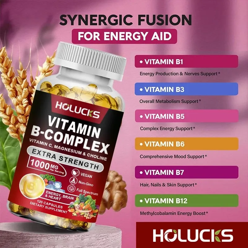 Vitamin B Complex Supplement Rich in B1 B2 B3 B5 B6 Biotin Strength Energy Support Brain & Heart Promote Metabolism