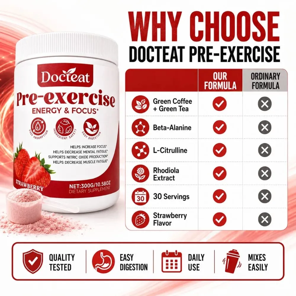 Docteat Pre Workout Powder Strawberry Energy & Focus Support Beta-Alanine L-Citrulline Rhodiola 300g 30 เสิร์ฟเครื่องดื่มผสม