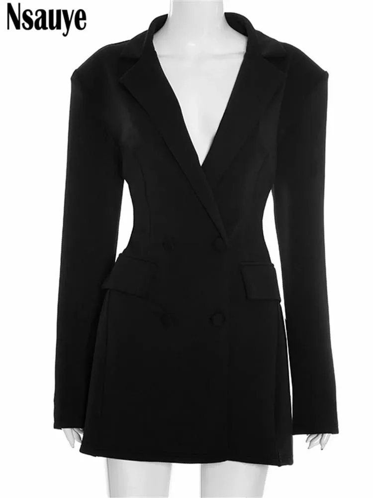 Nsauye Elegant A-Line Short Fashion Evening Black Blazer V Neck Dress Women Winter Clothes Outfits Sexy Night Club Party Dress — image 5