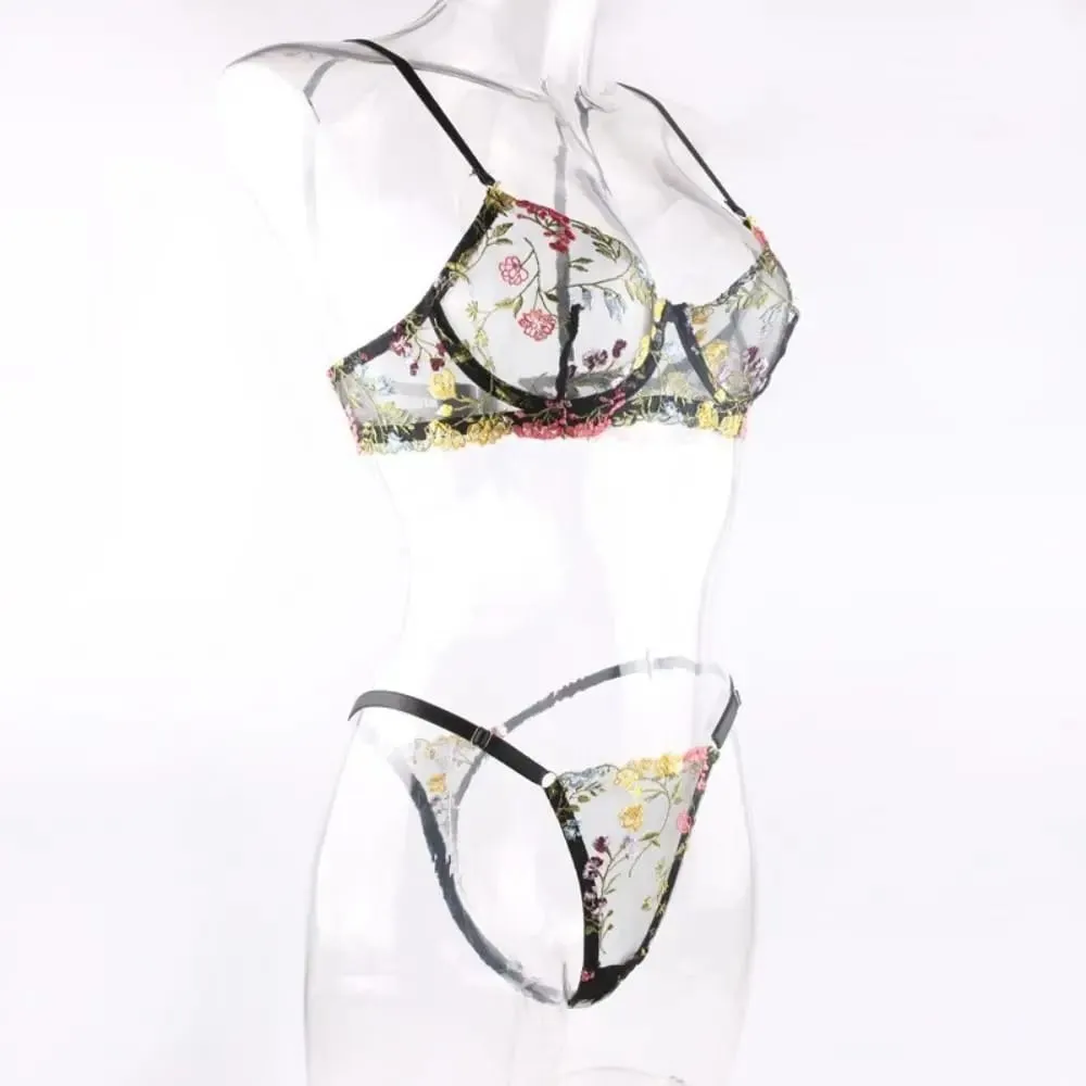 2-Piece Versatile Floral Lingerie Set Embroidery Sheer Boho Bra Panty Set Wireless Bra — image 4