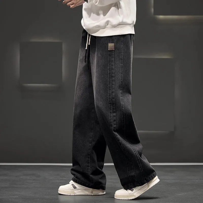 Spring New Wide Jeans Men Straight Vintage Drawstring Trousers Loose Pants Casual Solid Color Fashion Pants Big Size