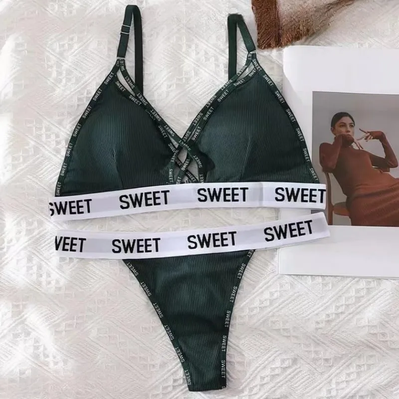 Women Padded Bra And Panties Set Front Cross Wireless Bra Low Rise G-string Female Letter Strap Underwear Sexy Lingerie Set — image 11