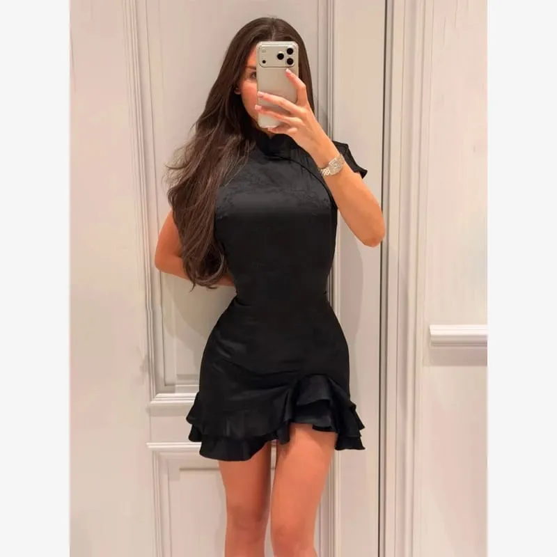Polka Dot Slim Women Summer Mini Dress Solid Deep V-neck Puff Sleeves Pleated Front Button Short Dresses 2026 Lady Daily Wear