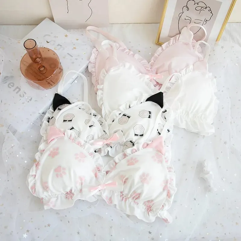 Conjunto de sutiã japonês macio para meninas, design de pata de gatinho fofo, tecido de seda de leite, copo triangular sem fio, lingerie feminina