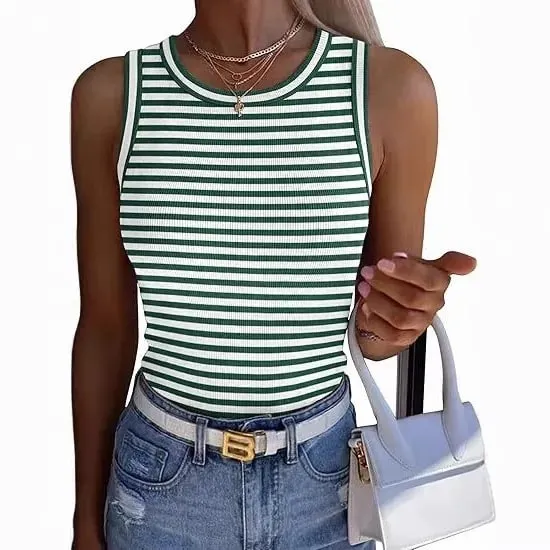 Women Striped Ribbed Tank Top 2026 Summer Casual Sleeveless Round Neck Slim Fit Vest Female Daily Streetwear Basic Undershirt
