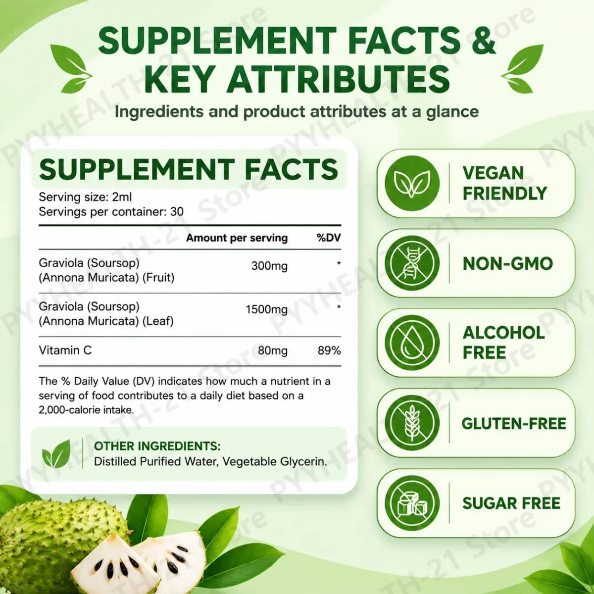 AcentiLabs Soursop Graviola Liquid Drops Vitamin C Supports Digestive Health Immune System Free Radical Defense 60ml for Adults