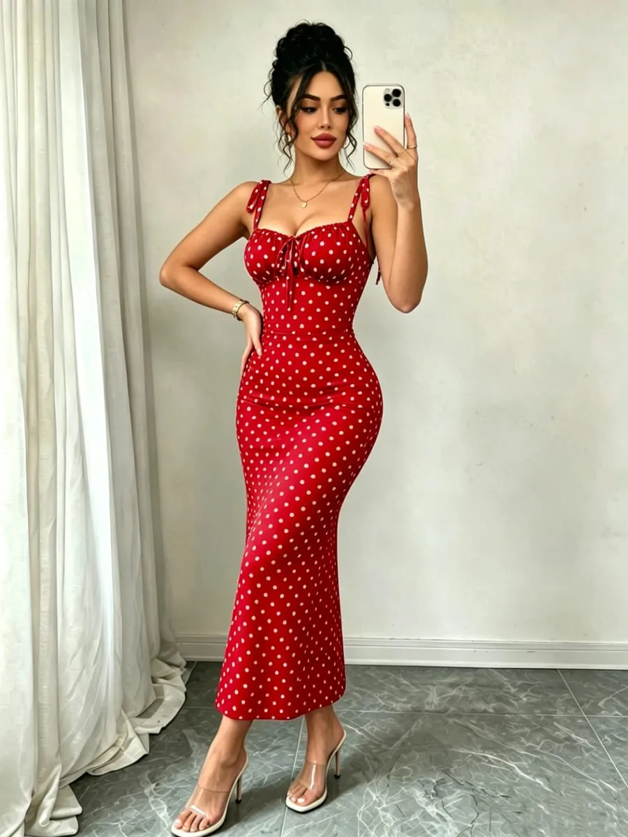 High-Elasticity Red Polka Dot Fishtail Skirt with Shoulder Straps + Chest Ruching for a Strong Waist Cinch Slim Fit Hip-Hugging Vintage Mid-Length Skirt