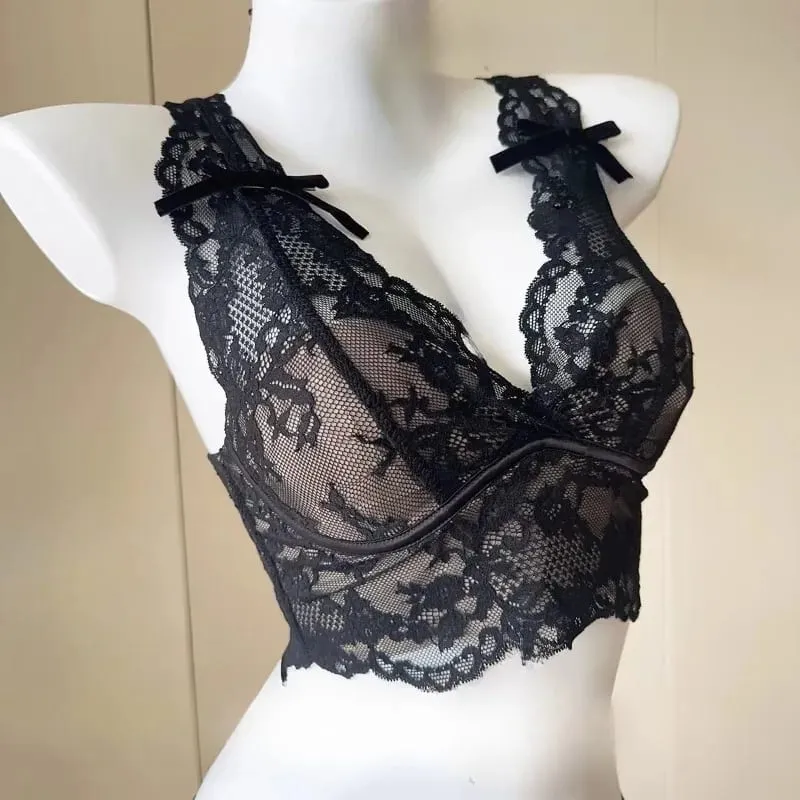 Women's French Lace Bralette Push Up Gathering No Underwire Backless Bra Sets Sheer Lingerie Outerwear Going Out Tops Size S- XL