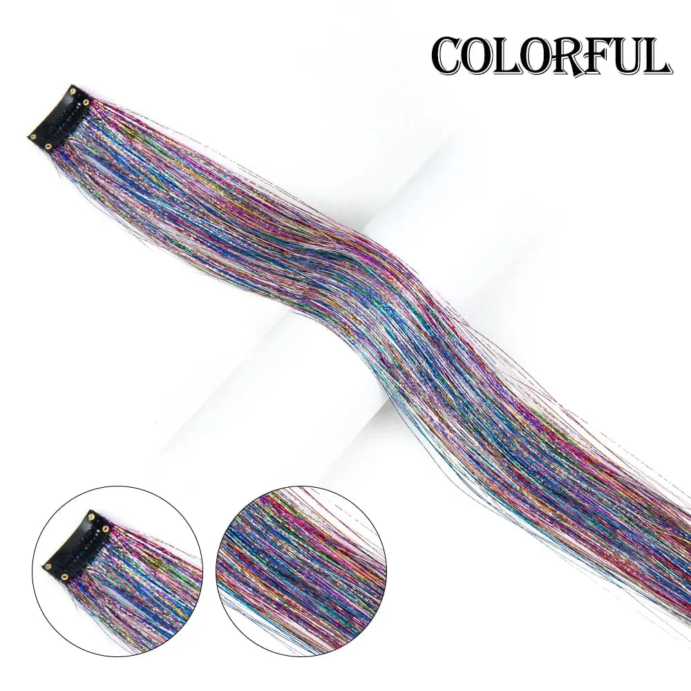 Straight Rainbow Colored Party Highlights Clip On In Hair Extensions Bling Hair Piece Synthetic Hairpieces Sparkling Tinsel Red — image 16