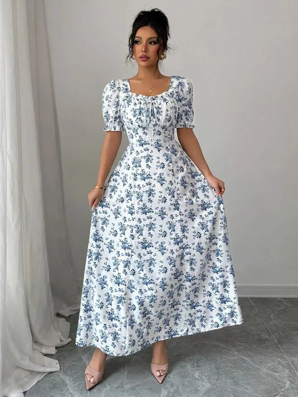 Women's Summer Elegant Casual Puff Sleeve Square Neck White & Blue Floral Print Maxi Dress Luxury Designer dresses