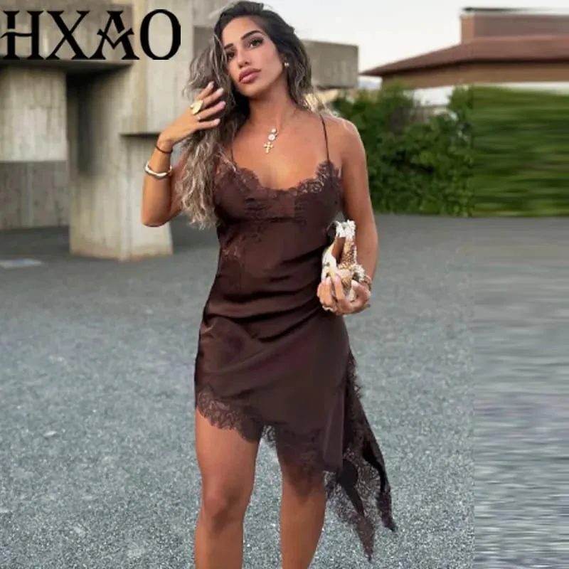 Slip Womens Dresses Sleeveless Black Lace Dress Woman Asymmetrical Elegant Party Dresses Sexy Backless Satin Yellow Dress