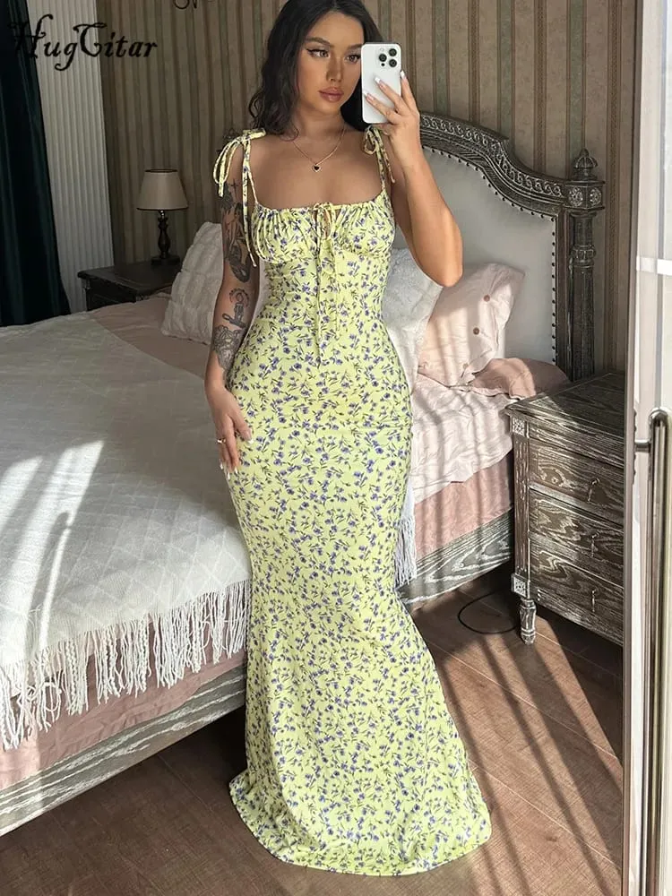 Hugcitar Blumendruck, ärmellos, rückenfrei, Slips, Schnürung, Maxikleid, sexy, figurbetont, Sommer, elegante Outfits, Urlaub, Party, Großhandel
