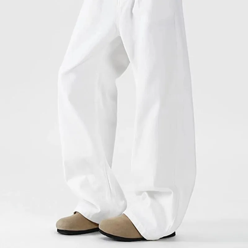 Summer Thin Breathable Men Jeans American Style White Bending Knife Denim Pants Trend Male Loose Straight Leg Wide Leg Trousers
