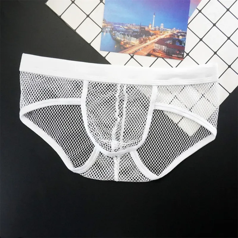 Plus Size Mesh Underwear Men Transparent Large Fishnet U Pouch Briefs Male Low Waist Solid Color Sexy Perspective Male Panties