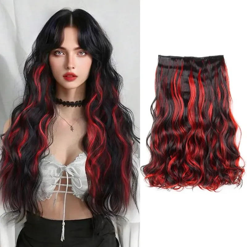 Synthetic 5Clip in Hair Curly Extension 18 Inch Curly Black Mix Blue Highlights Thick Hairpieces Fiber Hair for Women