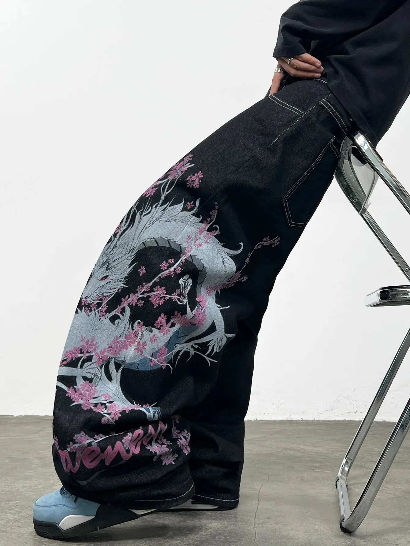 American Retro-Style Printed Dragon Black Baggy Jeans Men Y2K Street Hip-Hop Trendy Versatile Wide-Leg Pants